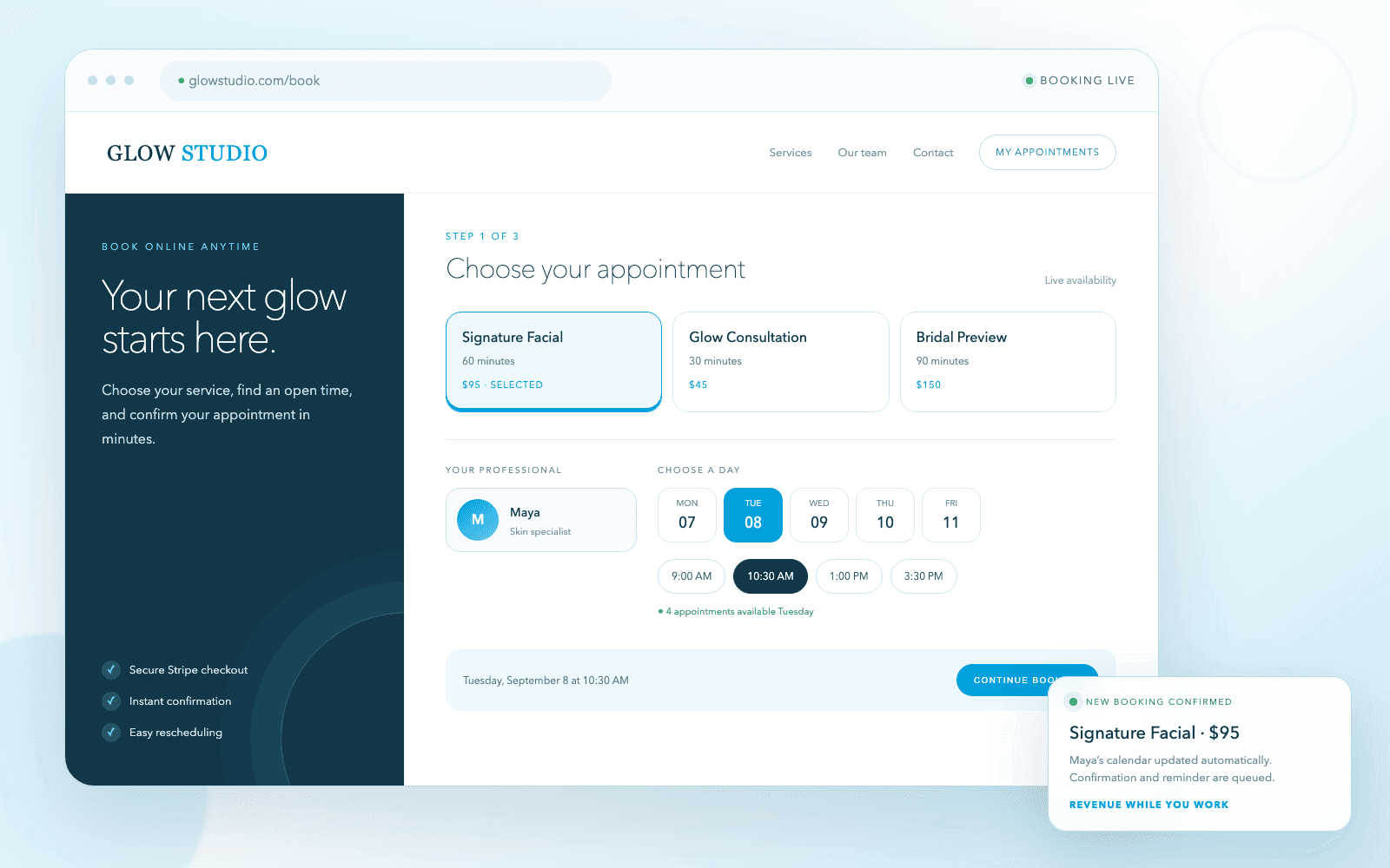 Example online booking page with services, live appointment times, secure checkout, and a new booking notification