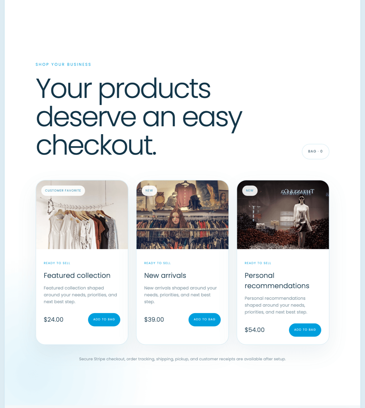 Example online store with product photography, prices, a shopping bag, and add-to-cart buttons